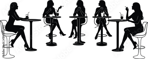Elegant women silhouettes sitting at cafe tables drinking cocktails and chatting isolated on white background for lifestyle vector illustration designElegant women silhouettes sitting at cafe tables 