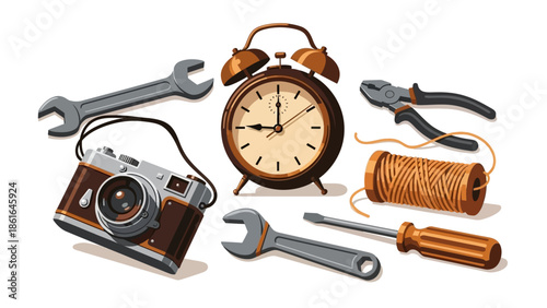 Retro tools and gadgets arrangement with vintage camera and alarm clock