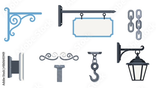 Vintage metal elements: hooks, lantern, chains, and sign holders in flat design