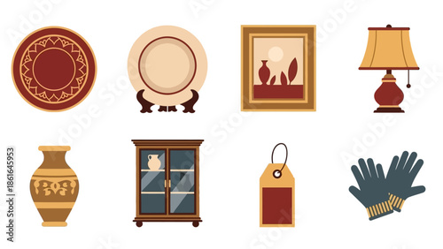 Retro home decor: vintage plates, art, and accessories in flat style