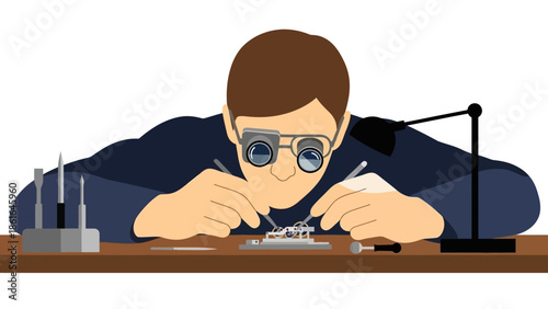 Precision watchmaker repairing delicate timepiece at workbench