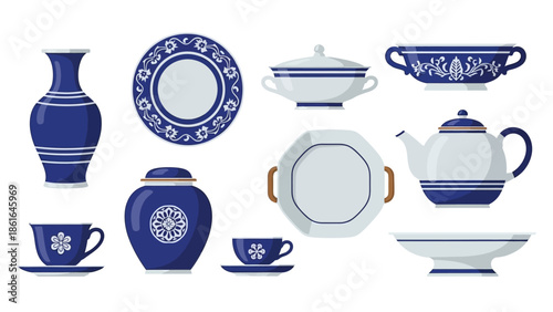 Elegant ceramic porcelain set with blue and white patterns