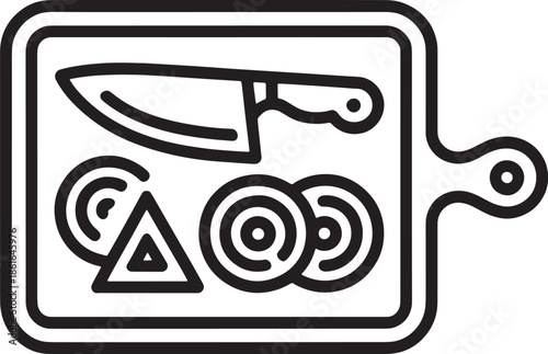 Cutting board with knife and vegetable slices line art illustration for cooking and kitchen