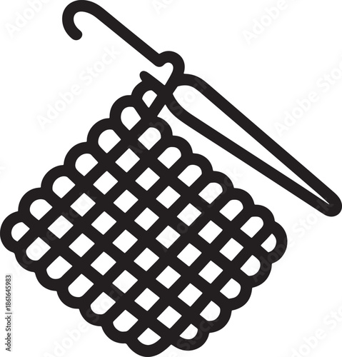 Crochet hook and knitted fabric, yarn crafting and handmade textile hobby black vector illustration