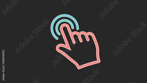 Neon hand cursor pressing button in minimal 3d design on black background