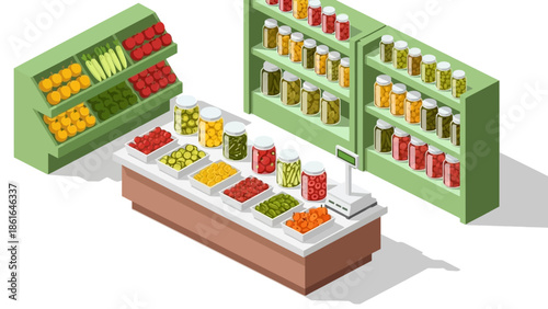 Isometric grocery store display with fruits and vegetables on shelves
