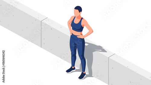 Isometric style female athlete resting by urban wall in activewear