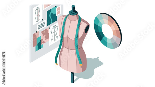 Fashion design studio with mannequin and mood board for creative inspiration