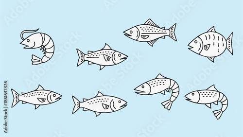Collection of stylized fish and shrimp illustrations on a light blue background.