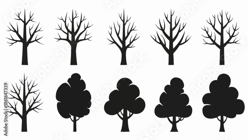 Collection of stylized tree silhouettes in various forms.