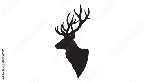 A black silhouette of a deer head with antlers on a white background silhouette