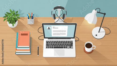 Remote work setup with laptop books plant headphones lamp coffee on wooden desk