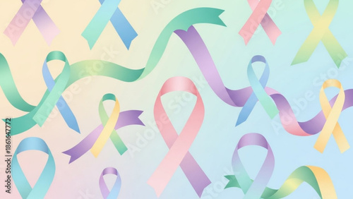 Multicolored awareness ribbons on pastel background for support and cause