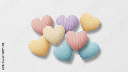 Pastel colored hearts arranged in a cluster on a white background with soft shadows