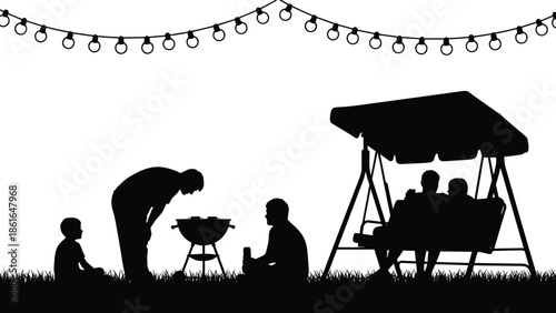 Family barbecue party silhouette in backyard garden with grill and swing, people celebrating outdoor summer picnic under hanging string lights, vector illustration