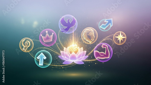 Mystical lotus flower surrounded by symbolic icons and glowing light effects on dark gradient