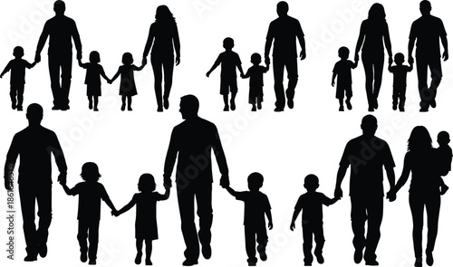 Family silhouettes walking together holding hands vector illustration, parents and children bonding, happy family life concept, unity, love, parenting, togetherness, lifestyle design
