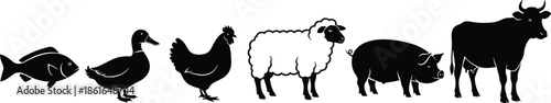 Farm animals silhouette vector set including fish, duck, hen, sheep, pig, and cow, livestock collection for butchery, agriculture, and food industry design, isolated