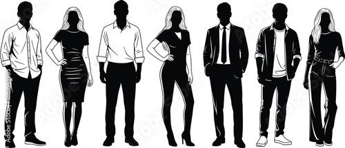 Fashion silhouettes, diverse clothing styles, casual and formal wear, standing poses, black and white, character modeling, vector illustration, design reference