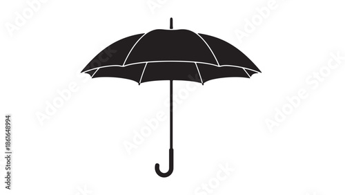 A black umbrella silhouette against a white background in bright lighting