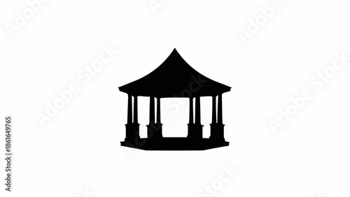 Silhouette of a traditional gazebo structure with a pointed roof.