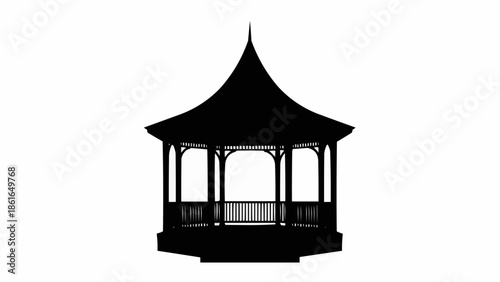 Silhouette of a traditional gazebo structure with a pointed roof.