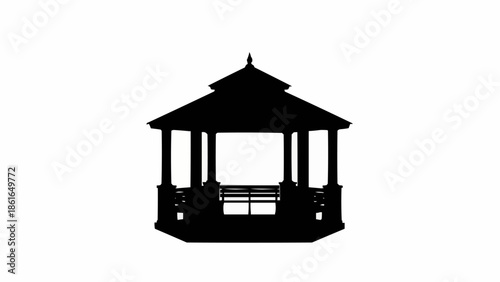 Silhouette of a traditional gazebo structure with a roof and seating.