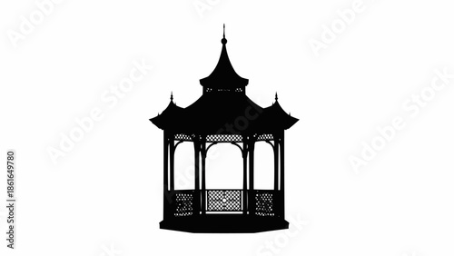 Silhouette of a traditional ornate gazebo structure with intricate details.
