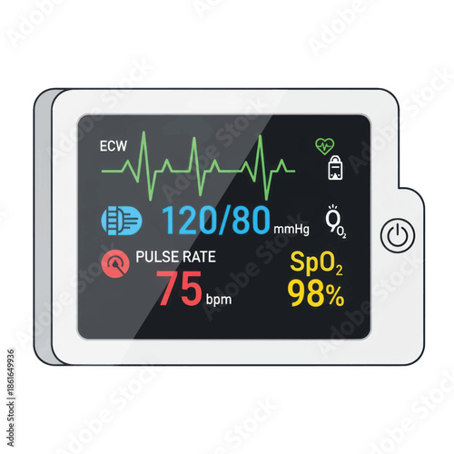 Digital patient monitor displaying blood pressure, heart rate, and oxygen saturation readings across bedside screen.