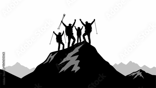 Silhouette of hikers celebrating on a mountain summit.