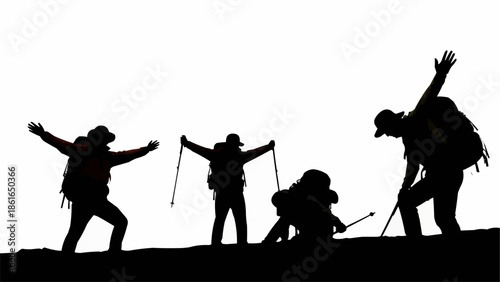 Silhouette of hikers celebrating on mountain top at sunrise.