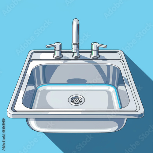 Illustrated stainless steel sink with chrome taps viewed from above against a blue background.