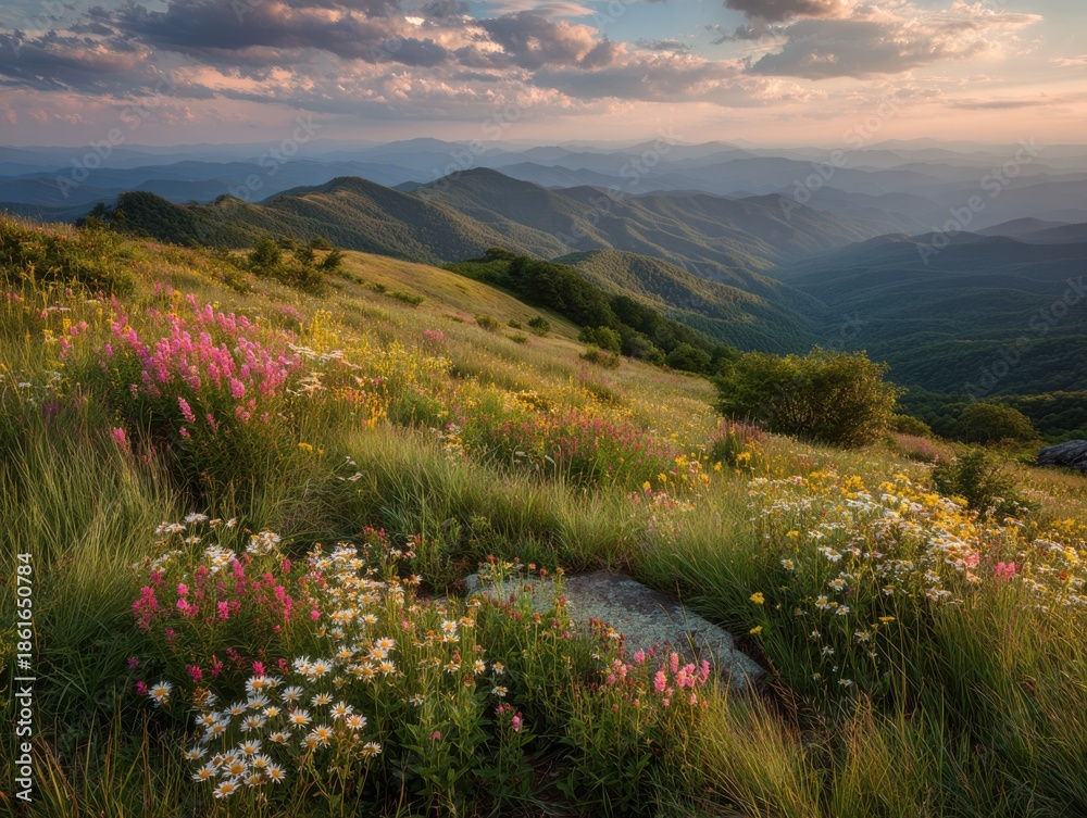 Obraz premium Rolling mountain landscape at sunset with a meadow of colorful wildflowers and tall grasses mountains