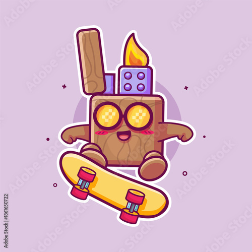 happy lighter character mascot playing skateboard isolated cartoon