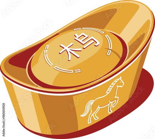 Golden ingot with horse symbol and Chinese character on a red background