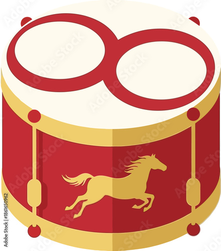Horse silhouette on a red drum with golden accents and cymbals on a white background