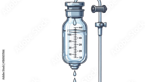 Medical intravenous drip bag setup with standing pole for fluid administration.