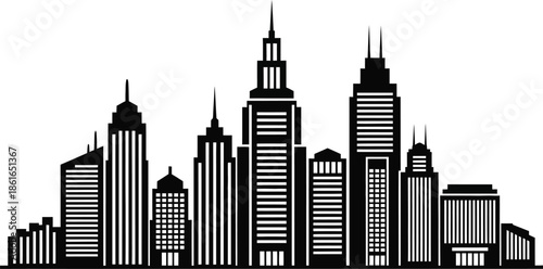 Black and white cityscape silhouette of skyscrapers and high rise buildings