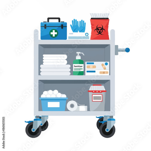 Medical supply cart stocked with gloves, sanitizer, and cleaning materials for healthcare settings.
