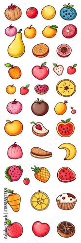 A playful collection of hand-drawn food icons, from fruits to sweets, with a charming, whimsical style, illustration,  ingredients