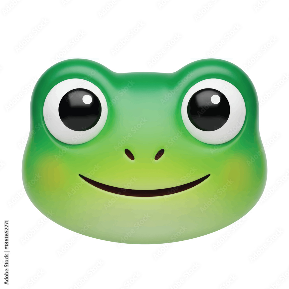 Naklejka premium Cartoon Green Frog Emoji Face with Big Eyes and Smile.