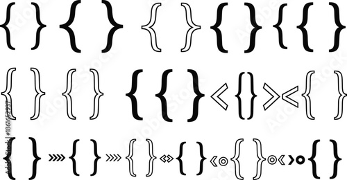 Abstract minimalist vector collection featuring decorative curly braces, mathematical brackets, geometric line art symbols, and creative typographic elements for modern graphic design.