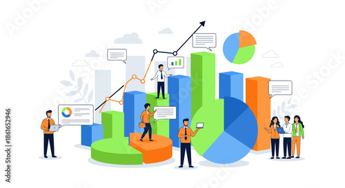 A dynamic business analytics scene illustrating financial growth and collaborative data interpretation with interactive data visualizations