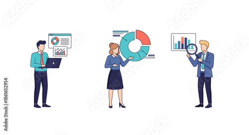 Dynamic business data analysis scene with professionals interpreting charts and graphs for strategic planning and performance, a modern vector illustration