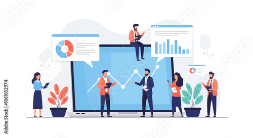 A dynamic business analytics scene illustrating diverse professionals collaborating on data interpretation and strategic planning for organizational growth and efficiency