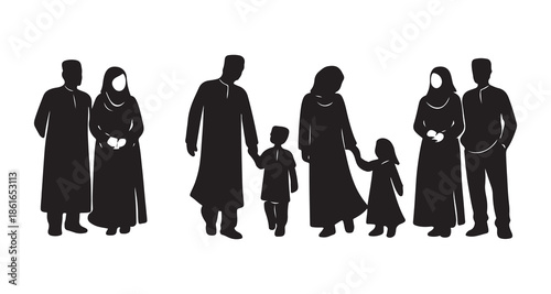 Muslim family silhouettes set showing parents and children standing together in modest clothing, representing Islamic family life and togetherness.