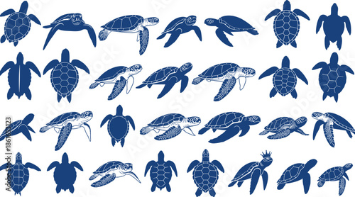 Blue Sea Turtle Silhouette Collection, Ocean Marine Life Illustrations, Turtle Pattern Set, Underwater Animal Graphics, Nature Conservation Symbols, Reptile Wildlife, Vector.