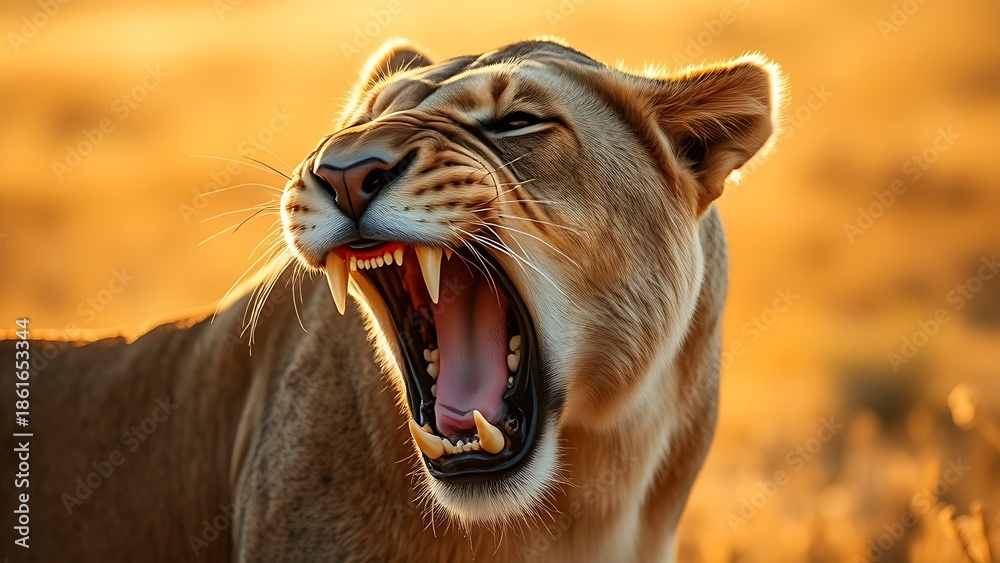 Fototapeta snarling. A fierce lioness bares her fangs under the golden savanna sun, exuding wild power. wildlife magazines, conservation campaigns, designed for wildlife conservation campaigns.