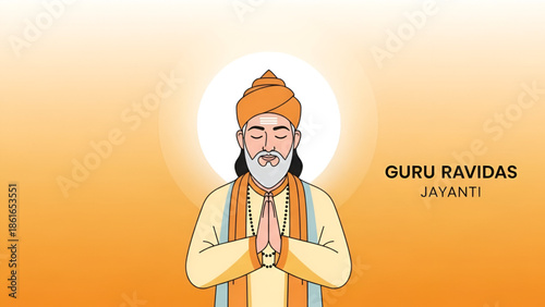 Guru Ravidas Jayanti spiritual illustration showing saint with folded hands devotion wisdom equality and peaceful divine aura for Indian religious cultural background