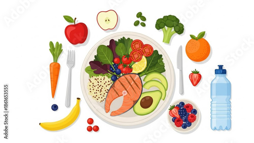 Healthy meal with salmon, vegetables, fruits, and water bottle on white background